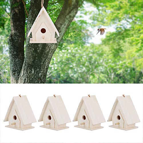 Outdoor Bird Houses, Wooden Birdhouse, 4Pcs Mini Hanging Wooden Bird House with Pole, Bird Nests Cage Ornament Crafts, for Garden Courtyard Decor Haofy