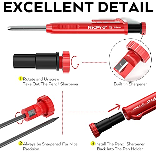 Nicpro Carpenter Pencil with Sharpener, Mechanical Pencils Set with 26 Refills, Deep Hole Marker for Construction, Heavy Duty Woodworking Pencils for Nicpro