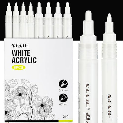 SFAIH Acrylic White Paint Pens - 8 Pack 2-3MM Medium Tip & 0.7MM Extra Fine White Paint Marker for Rock Painting, Wood, Metal, Fabric, Plastic,