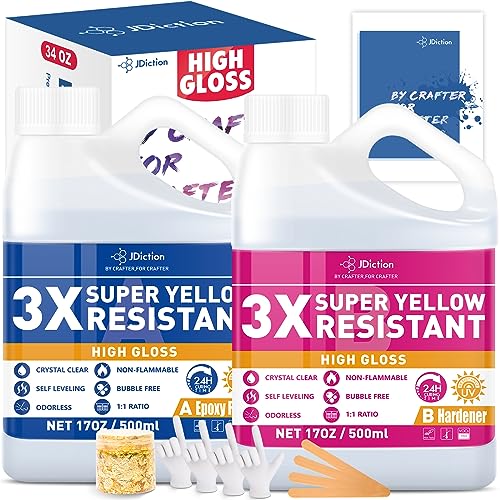 JDiction Epoxy Resin High Gloss 34OZ - 3X Yellowing Resistant Upgrade Formula, Self Leveling Resin and Hardener, Crystal Clear & Bubble Free Coating JDiction