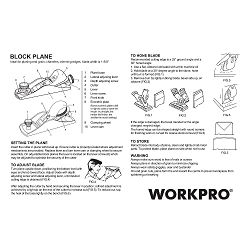 WORKPRO W052002 Block Plane, 1-5/8 In. Wide Blade, Cast Iron Body, Adjustable Cutting Depth, Black (Single Pack) WORKPRO