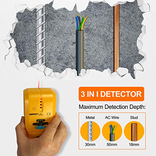 ALLOSUN TS73 3 in 1 LED Wood Stud FinderMulti Stud ScannerElectronic Stud Sensor Wire Cable Wall Metal Detector Finder Home Decoration, yellow ALLOSUN