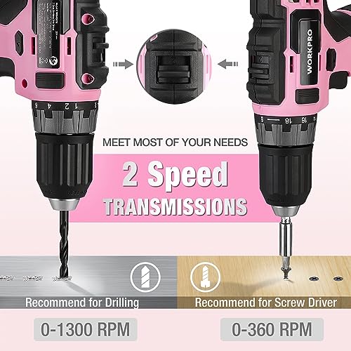 WORKPRO 20V Pink Cordless Drill Driver and Home Tool Set, 141PCS Hand Tool Kit for DIY, Home Maintenance, 2.0 Ah Li-ion Battery, 1 Hour Fast Charger, WORKPRO