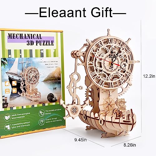 Pirate Ship Clock 3D Wooden Puzzles for Adults, Wooden Models for Adults to Build DIY 3D Puzzle Mechanical Clock Kit, Clock Making Kits Gift for varbertos
