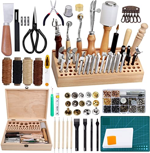 Jupean 458 Pieces Leather Kits, Leather Working Tools, Leathercraft Tools and Supplies with Instruction, Tool Holder, Leather Stamps Set, Prong JUPEAN