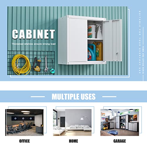 GREATMEET Metal Wall Storage Cabinet with Lock,White Wall Mount Metal Storage Cabinets with 1 Adjustable Shelf and 2 Doors, Steel Cabinet for Garage, GREATMEET