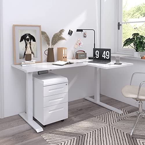 SANODESK 63-Inch Large Dual Motor L-Shaped Electric Height Adjustable Standing Desk - Reversible Panel - White Top/White Frame - Ideal for Gaming, SANODESK
