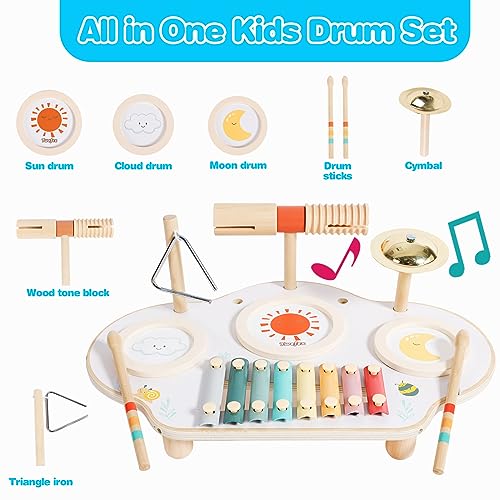 Twefex Kids Drum Set - 9 in 1 Baby Drum Set for Toddlers - Montessori Musical Instruments Toy for Babies - Wooden Xylophone Musical Toys for Boys and Twefex