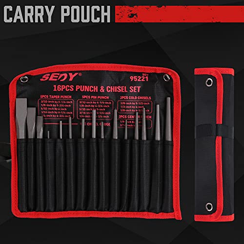 16-Piece Precision Punch & Chisel Set - Taper Punch, Pin Punch, Center Punch, Cold Chisels & Gauge for Versatile Applications SEDY