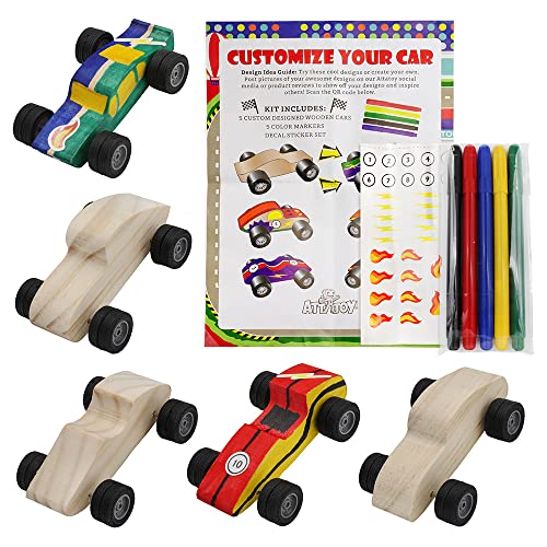 Attatoy DIY Craft Wood Car Kit (10-Piece Set); Unfinished Mini Wooden Race Car Craft Project for Kids Attatoy