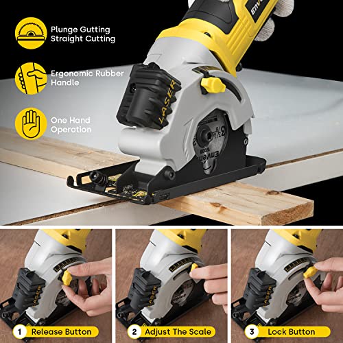 Mini Circular Saw, ENVENTOR 4.8A Electric Circular Saw Corded with Laser Guide, 4000RPM, 3 Saw Blades 3-3/8" Max Cutting Depth 1-1/16", Compact Hand Enventor