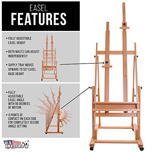 U.S. Art Supply Extra Large Double Mast Wooden H-Frame Studio Floor Easel with Artist Storage Tray - Adjustable, Tilts Flat, Premium Beechwood Canvas US Art Supply