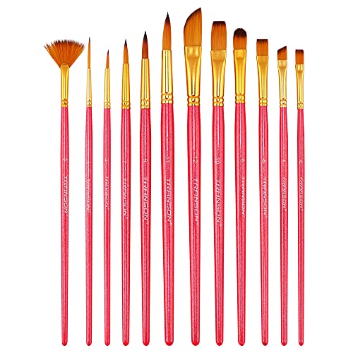 Transon Artist Paint Brush Set of 12 for Acrylic Watercolor Gouache Oil Craft Painting Pink TRANSON