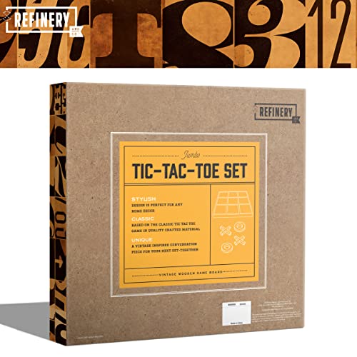 Refinery & Co. Premium Solid Wood Tic-Tac-Toe Board Game, Giant Gold 14” Coffee Table Home Decor, Classic Indoor/Outdoor Party Game for Children & Refinery
