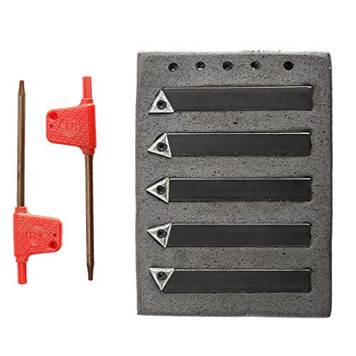 Toolly 5 Pieces 3/8 Inch Mini Lathe Indexable Carbide Insert Bit Tool Set for Turning, Cutting, Facing, Boring and Chamfering Toolly
