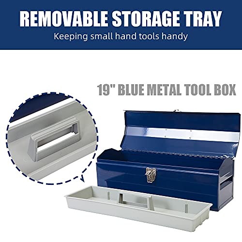 HPDMC Hip Roof Style Portable Steel Tool Box with Metal Latch Closure and Removable Storage Tray, 19" Blue 19.1" L x 6.1" W x 6.5" H HPDMC
