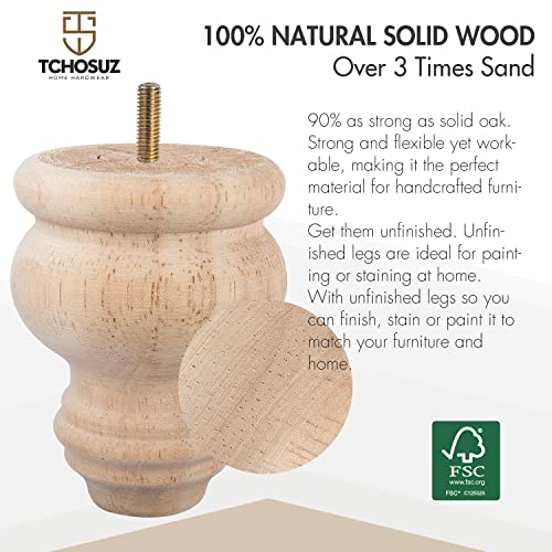 3 Inch Unfinished Wooded Furniture Legs,Tchosuz Solid Carved Bun Feet with 5/16 inch Bolt,Modern Mid-Century Sofa Couch Feet Furniture Replacement WoodArtSupply