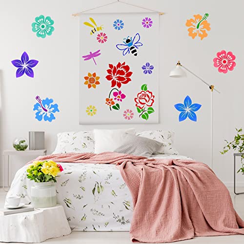 16 Pieces Flower Stencil for Painting Bee Sunflower Butterfly Spring Stencil Large Template Reusable Summer Painting Stencil and Metal Open Ring for Zonon