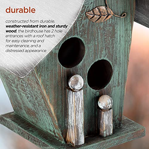 Alpine Corporation YEN134HH-TUR Wooden Birdhouse Outdoor Decor for Garden, Patio, Deck, Porch, 8"L x 6"W x 12"H with Rope: 21”H, Turquoise Alpine Corporation