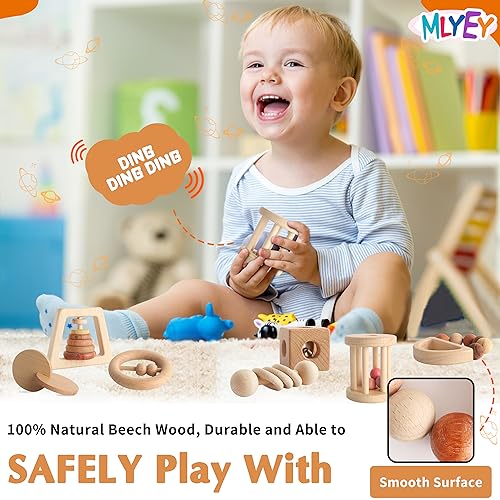 Wooden Baby Toy 8pcs, Montessori Toys for Babies 1-3 Years Old, Wooden Rattles Toy Set for Infant Grasping, Sensory Development, Gift for Baby Boys MLYEY