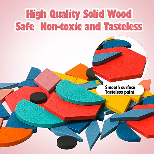 USATDD 180 Pcs Wooden Tangrams Pattern Blocks Set Geometric Manipulative Shape Puzzle Kindergarten Classic Educational Montessori Toys for Kids USATDD