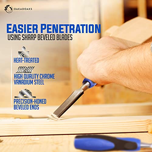 Chisel Set Woodworking Tools & Wood Carving Tools – Sharp, Chrome Vanadium Steel Wood Chisel Sets w/Beveled Edges – Durable PP & TPR Handle + Metal Oakadoaks