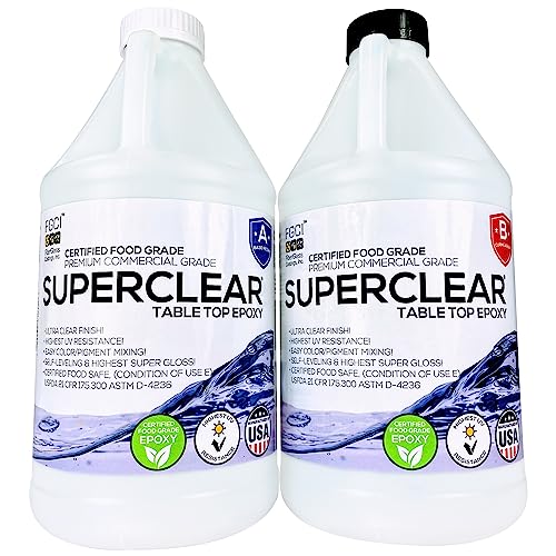 Superclear Table Top Epoxy Resin, 1 Gallon Epoxy Kit - Certified Food Grade 1:1 Protective Epoxy Resin for River Tables, Live Edge Tables, Bar Tops, Superclear