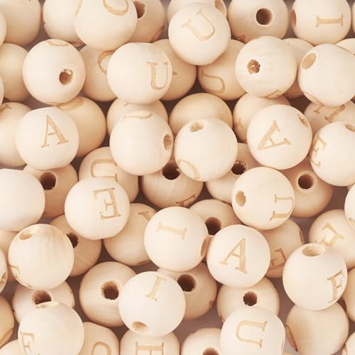 Craftdady 100Pcs 14-16mm Large Hole Wood Beads Round Letter Beads Vowel A E I O U Wooden European Beads Alphabet Beads for DIY Garland Macrame Craftdady