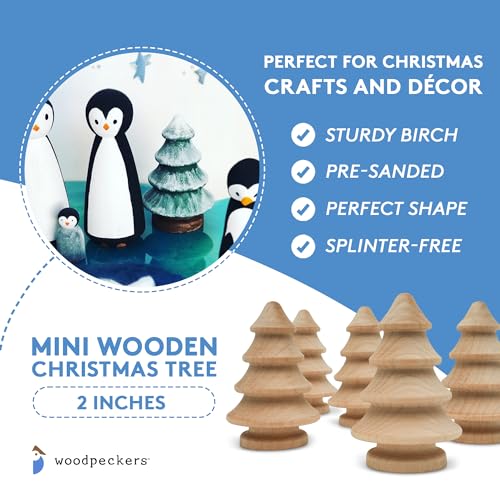 Mini Wooden Christmas Tree 2 inch, Pack of 10 Unfinished Wood Miniature Trees for Christmas Crafts, Peg People, Nature Table, and Small World Play, Woodpeckers
