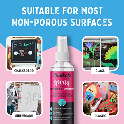 Chalkola Natural Chalkboard Cleaner Spray & Eraser Kit for Liquid Chalk Markers - Suitable for Whiteboard, Blackboard and Dry Erase Boards - Comes Chalkola