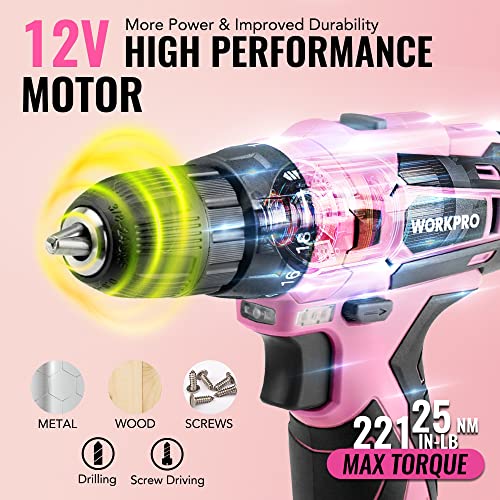 WORKPRO Pink Tool Set with Power Drill, 108PCS Portable Ladies Pink Drill Kit for Home with Toolbox and Pink Hammer, 1.5 Ah Cordless Drills with WORKPRO