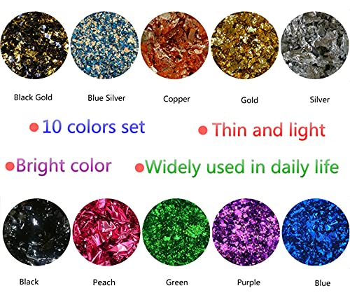 Gold Foil Flakes for Resin, Yibeishu10 Colors Metallic Foil Flakes,Gilding Flakes for Nails, Crafts (Gold, Silver, Copper, Black, Green, Blue, Blue Yibeishu