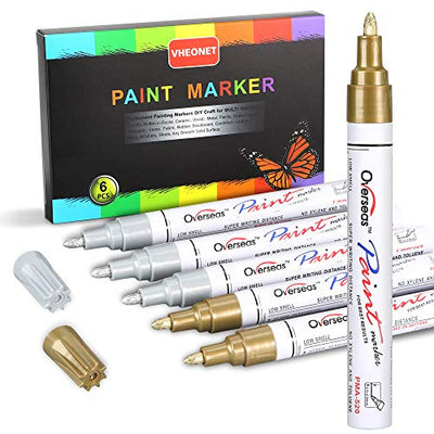 VHEONET Paint Pen 3 Gold & 3 Silver Metallic Permanent Acrylic Markers Set for Fabric Glass Plastic Rock Wood Ceramic Leather Tire Painting, Medium