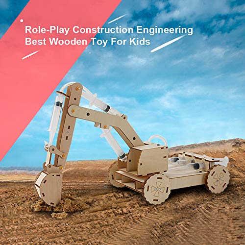 3D Wooden Construction Excavator Vehicle Toys Set, STEM Science Kit with Air Pressure System to Build A Wood Excavator Model Including 3 Replaceable Mini Tudou