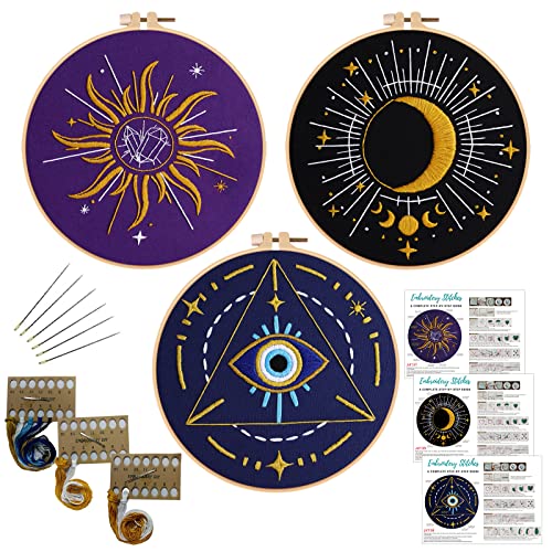 Louise Maelys 3 Set Tarot Embroidery Kits for Beginners with Sun Moon Evil Eye Pattern,Adults Starter Cross Stitch Kit DIY Needlepoint Kits Louise Maelys