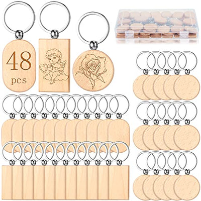 24 Pcs Wooden Keychain Blanks Wood Engraving Blanks Key Chain Unfinished Rectangle Oval Round Wood Key Tag with Plastic Storage Container for DIY