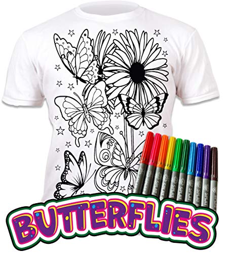 Splat Planet Butterflies T-Shirt with 10 Non-Toxic Washable Magic Markers - Color in and Wash Out and Color in Again T-Shirt (9-11 Years) White Splat Planet