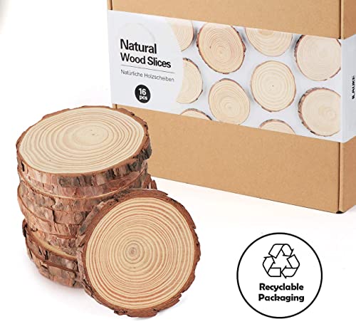 ilauke Wood Slices for Crafts 16Pcs 3.5''-4'' Unfinished Wood Rounds Natural Thicken Slab with Bark for Coasters Centerpieces Wedding Rustic Craft ilauke