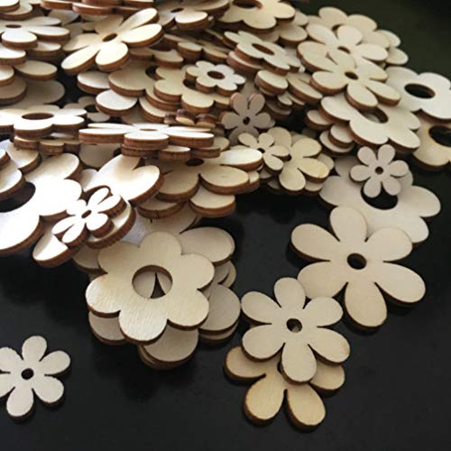 Happyyami 100pcs Flower Wood Cutouts Plum Blossom Wood Shapes Pieces Wood Discs Slices for DIY Craft Wedding Birthday Party Favors Centerpieces Happyyami