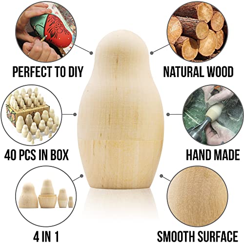AEVVV Unpainted Blank Russian Nesting Dolls Lot of 10 Sets by 4 pcs - DIY Russian Nesting Dolls to Paint - DIY Blank Doll Wooden AEVVV