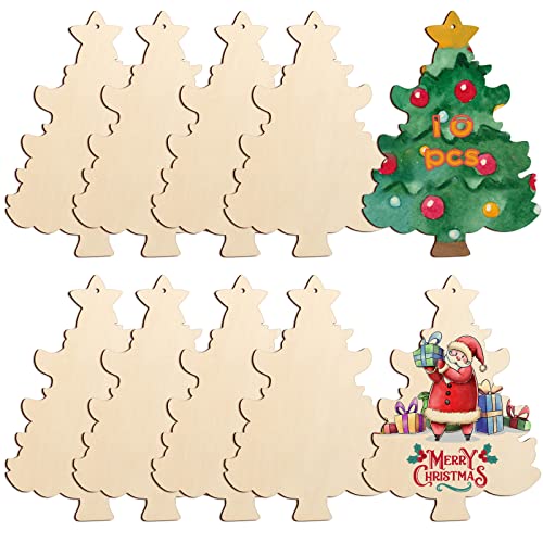 Large Size 7inch Wooden Christmas Ornaments to Paint 10PCS, DIY Blank Unfinished Wood Ornament for Crafts Hanging Decorations, Beige Christmas Tree Sophena
