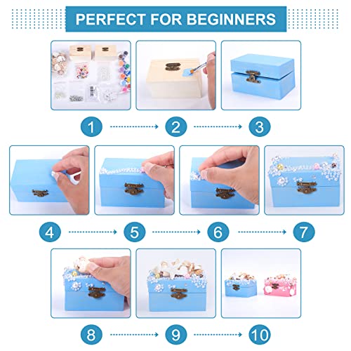 WEBEEDY 2 Sets Mermaid Jewelry Box Unfinished Wood Treasure Chest Mine Jewelry Box DIY Craft Kits with Hinged Lid and Front Clasp Nautical Trinket WEBEEDY