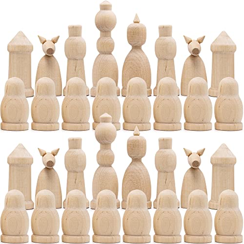 Unfinished Wood Chess Pieces Only Set of 32 pcs - Paint Your Own Chess Set - Blank Chess Sets for DIY- Wooden Peg Dolls Unfinished for Arts and AEVVV