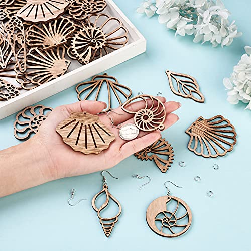 Fashewelry 80pcs Unfinished Clam Shell Wooden Dangle Earring Pendants Filigree Seashell Natural Blank Wood Cutouts with 80pcs Jump Rings, 80Pcs Fish FASHEWELRY