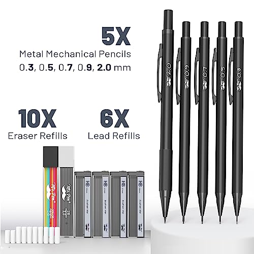 Mr. Pen- Metal Mechanical Pencil Set with Lead and Eraser Refills, 5 Sizes, Black, 0.3, 0.5, 0.7, 0.9, 2mm, Drawing Mechanical Pencils, Mechanical Mr. Pen