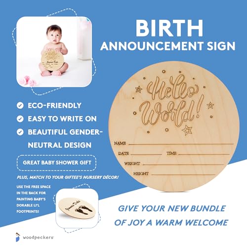 Hello World Newborn Sign 7-inch, Pack of 2 Birth Announcement Sign for Hospital, Wood Baby Name Signs for Nursery, by Woodpeckers Woodpeckers