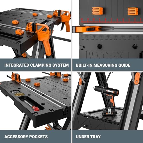 Worx Pegasus 2-in-1 Folding Work Table & Sawhorse, Easy Setup Portable Workbench, 31" W x 25" D x 32" H Lightweight Worktable with Heavy-Duty Load WORX