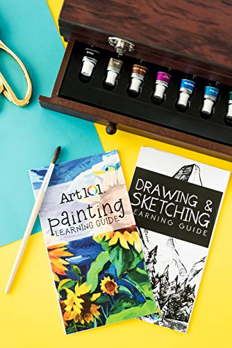 Art 101 USA Deluxe Art Set with 119 Pieces in a Wood Organizer Case, Includes Color Pencils, Paints, brushes and palettes, Learning guides, Portable Art 101 USA