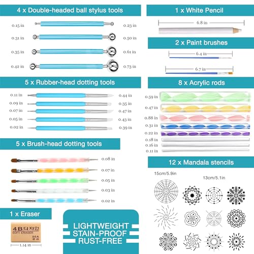 Mandala Dotting Tools Kit with Acrylic Paints and Reusable Stencils - Dot Art Set for Rock Painting, DIY Craft Project, Home Decor Drawing Activity CEREM