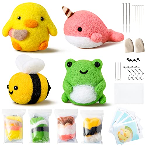 WATINC Set of 4 Cute Animal Needle Felting Starter Kit Frog Chick Bee Narwhal Animal Doll Wool Felting Tools Felt Needles Foam Mat DIY Needlework WATINC